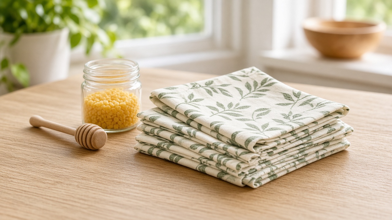 A glass jar of beeswax pellets, a wooden dipper, and a stack of leaf-print cotton cloths on an oak table.